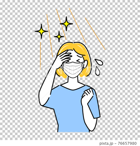 夏にマスクを着用していて暑苦しく汗をかいている女性 イラスト シンプル ベクターのイラスト素材