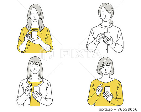 人物イラスト 女性 セット 正面 スマホ 操作する 76658056