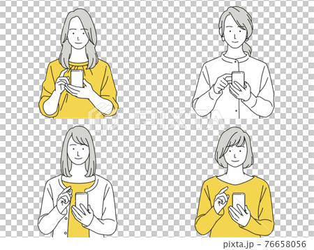 人物イラスト 女性 セット 正面 スマホ 操作する 76658056