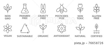 Natural and organic cosmetic line icons. Allergen free badges. Non toxic logo. Skincare symbol. Beauty product. Gluten and paraben free cosmetic. Eco, vegan label. Sensitive skin. Vector illustration 76658726