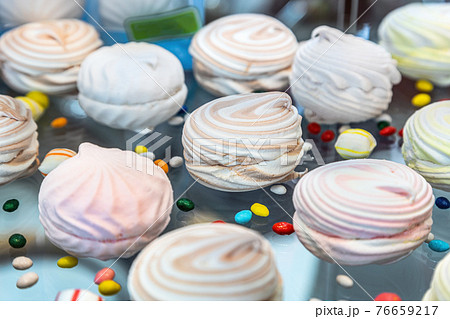 marshmallows with different flavors on the counter of a pastry shop marshmallows with different flavors on the counter of a pastry shop 76659217