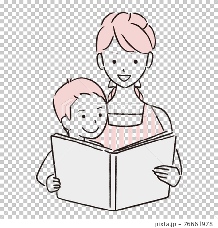 手描き1color 読み聞かせ 息子と母親のイラスト素材
