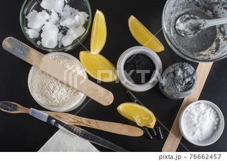 Ingredients for a homemade charcoal facial mask. Ingredients for a homemade charcoal facial mask. 76662457