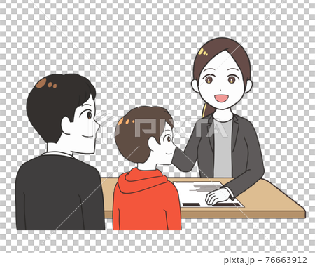 三者面談 女性の先生 父と息子のイラスト素材