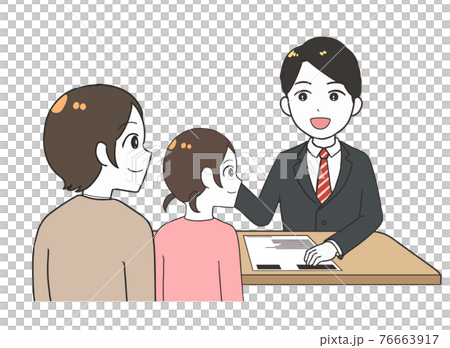 三者面談　男性の先生　母と娘 76663917