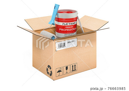 Paint can and brush inside cardboard box, delivery concept. 3D rendering Paint can and brush inside cardboard box, delivery concept. 3D rendering 76663985