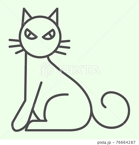 Witch cat thin line icon. Scary cat sitting sideways and staring outline style pictogram on white background. Halloween or Witchcraft signs for mobile concept and web design. Vector graphics. 76664287