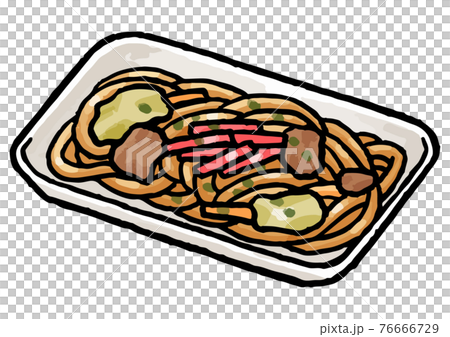 手描きベクター食べ物イラスト素材 トレーに入った焼きそばのイラスト 縁日 お祭り 屋台の食べ物 のイラスト素材