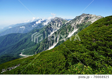 小蓮華岳から眺める夏の白馬三山、眼下の猿倉登山口 76668925