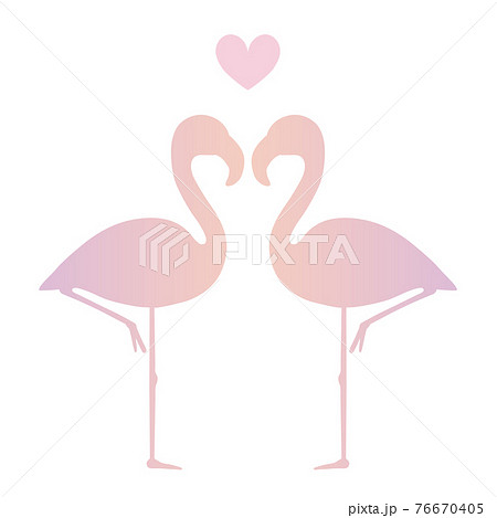 二羽のフラミンゴが寄り添い ハートマークが浮かぶ 初恋イメージのシルエットイラストのイラスト素材