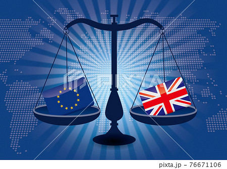 天秤と国旗ユーロとイギリスの国旗 国家対立国家紛争国際司法貿易のイメージイラスト世界地図集中線 天秤と国旗ユーロとイギリスの国旗 国家対立国家紛争国際司法貿易のイメージイラスト世界地図集中線 76671106