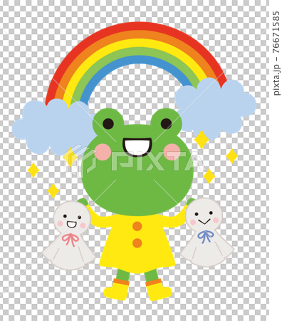 カエルとてるてる坊主と虹 梅雨の季節のイラスト 76671585