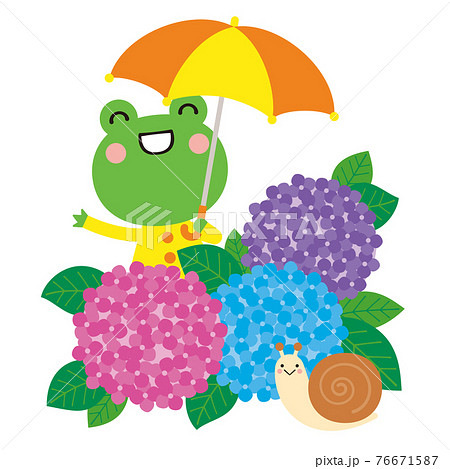 傘を差したカエルと紫陽花とカタツムリ 梅雨の季節のイラストのイラスト素材