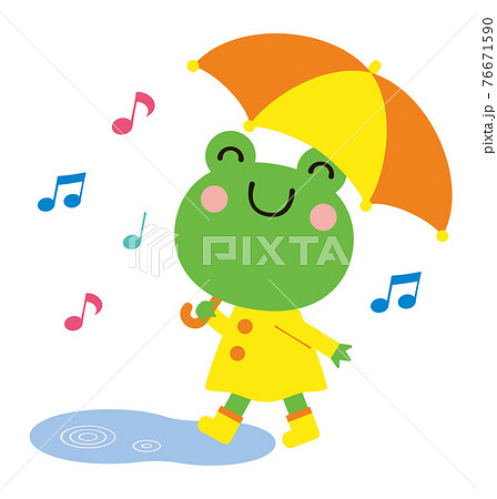 傘を差したカエルと水たまり 梅雨の季節のイラスト 76671590