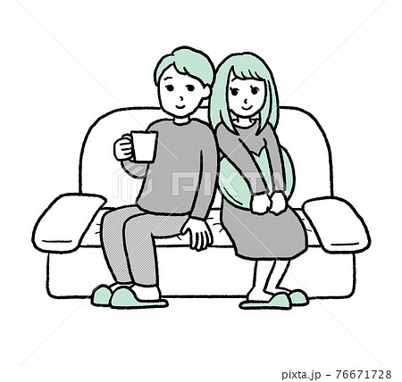 ソファに座り見つめ合うカップルのイラストのイラスト素材