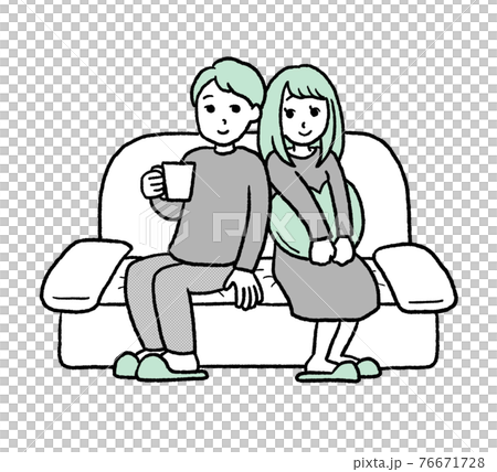 ソファに座り見つめ合うカップルのイラストのイラスト素材