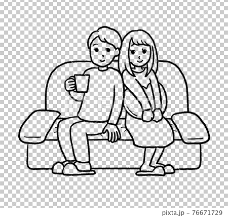 Line drawing illustration of a couple sitting on the sofa and staring at each other 76671729