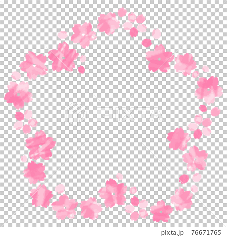 ピンクの水彩画の桜が花の形に並ぶ飾り枠 76671765
