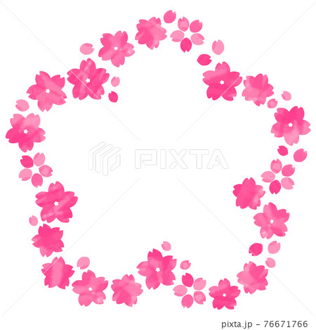 赤の水彩画の桜が花の形に並ぶ飾り枠のイラスト素材