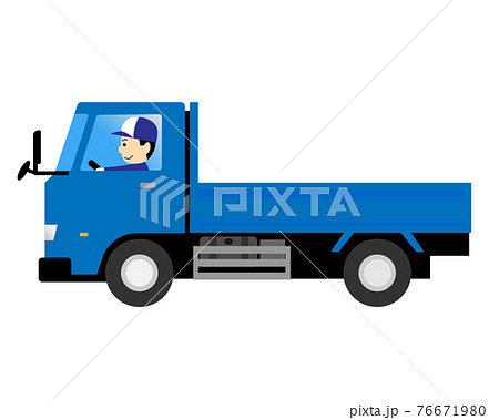 トラックを運転する男性ドライバー 小型 平ボディータイプのイラスト素材