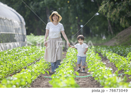 働く農家のお母さんと子ども 働く農家のお母さんと子ども 76673049