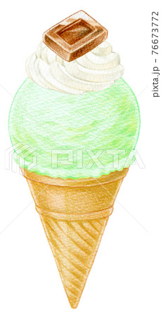 クリームとチョコ乗せコーンアイスクリームの色鉛筆画のイラスト素材 クリームとチョコ乗せコーンアイスクリームの色鉛筆画のイラスト素材