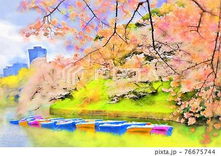 東京、千鳥ヶ淵の桜とボート（3月）東京都千代田区 76675744