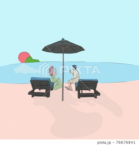 romantic couple dining on the beach at sunset with pastel color illustration vector. 76676841