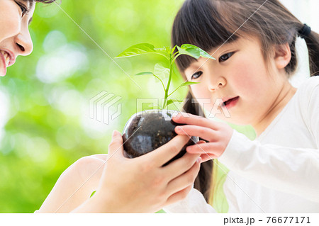 植物を観察する母親と女の子　環境イメージ 76677171