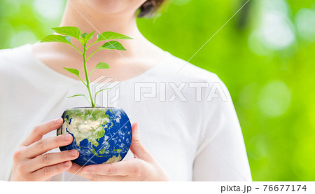 地球模様の植木鉢を持つ女性　環境イメージ　サステナブル　SDGs 76677174