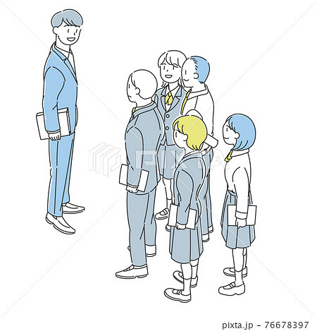 先生の案内で見学をしている生徒たちのイラスト素材