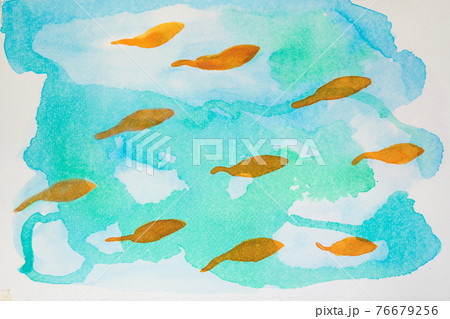 Water color many orange Koi carps swimming. Art brush fishes creative wallpaper Water color many orange Koi carps swimming. Art brush fishes creative wallpaper 76679256