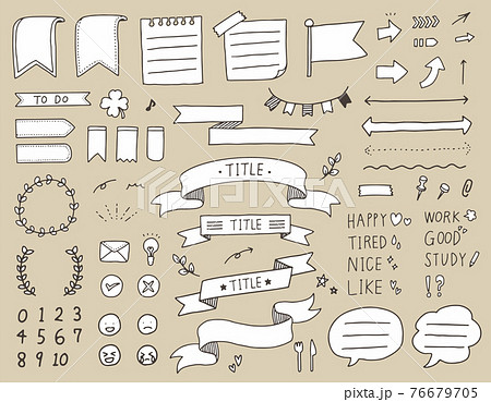 手書きのかわいくておしゃれなリボンや吹き出しやメモ帳の素材のベクターイラストセットのイラスト素材