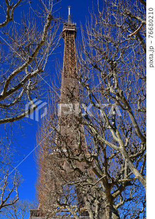 フランス・パリ、シャンドマルス公園から見た改修中のエッフェル塔、2021年3月6日撮影。 76680210