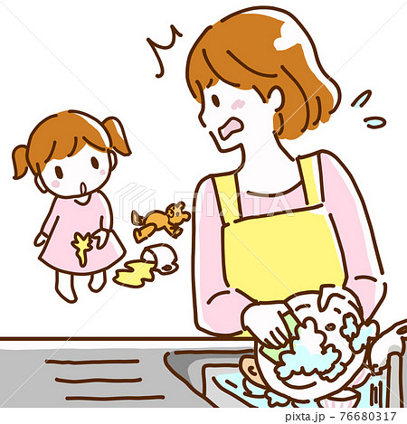 食器洗い中に子どもがコップをこぼして服を汚したのを見て慌てる母親の線画イラストのイラスト素材