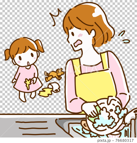 食器洗い中に子どもがコップをこぼして服を汚したのを見て慌てる母親の線画イラストのイラスト素材