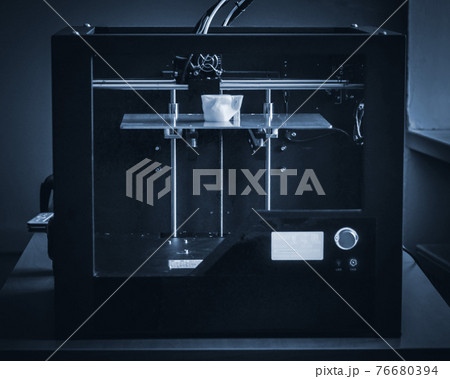Objects printed by 3d printer. Automatic three dimensional 3d printer performs Objects printed by 3d printer. Automatic three dimensional 3d printer performs 76680394