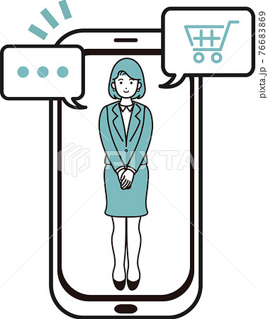 ネットショッピング リモート来店 スマホ 女性 人物 ビジネス シンプルタッチ イラストのイラスト素材