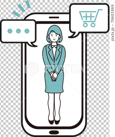 ネットショッピング リモート来店 スマホ 女性 人物 ビジネス シンプルタッチ イラストのイラスト素材
