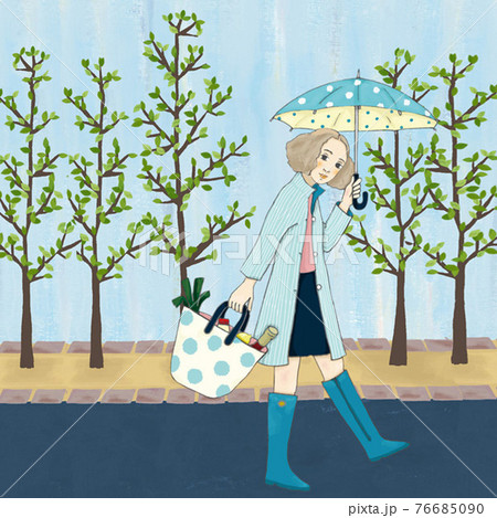 雨の中 傘をさして買い物に出かけた女の子のイラスト素材