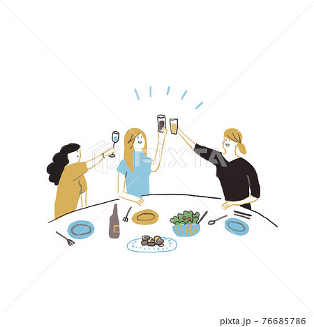 飲み会 女子会 食事 乾杯をする女性3人 乾杯 送別会 新年会 誕生日 歓迎会 忘年会 のイラスト素材