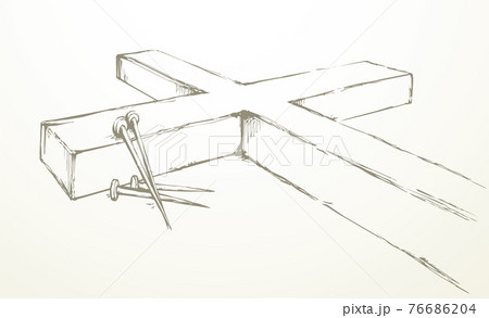 Wooden cross and iron nails. Vector drawing 76686204