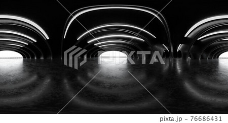 360 panorama spherical view of industrial factory hall 3d render illustration with dark concrete surface futuristic industrial design vr hdr hdri style 76686431