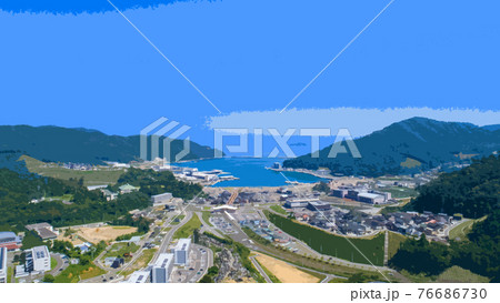宮城県牡鹿郡女川町全景　イラスト 76686730