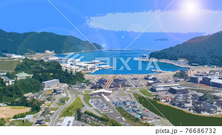 宮城県牡鹿郡女川町全景　イラスト 76686732
