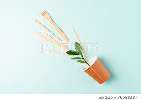 Craft paper coffee cup, green leaves and recycled cutlery top view. Flat lay Zero waste 76688387
