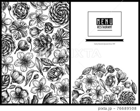 Menu cover floral design with black and white hibiscus, plum flowers, peach flowers, sakura flowers Menu cover floral design with black and white hibiscus, plum flowers, peach flowers, sakura flowers 76689508