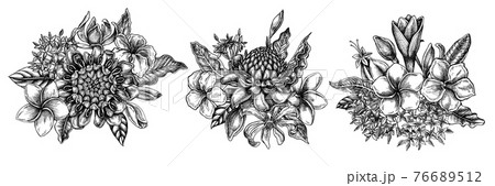 Flower bouquet of black and white plumeria, allamanda, clerodendrum, champak, etlingera, ixora Flower bouquet of black and white plumeria, allamanda, clerodendrum, champak, etlingera, ixora 76689512