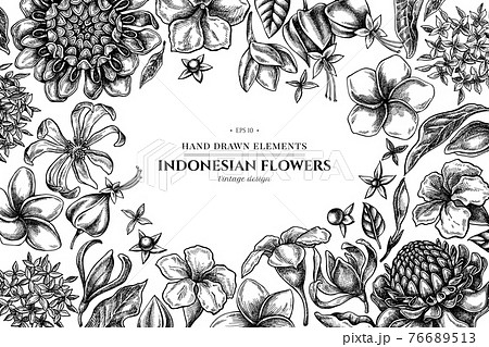 Floral design with black and white plumeria, allamanda, clerodendrum, champak, etlingera, ixora 76689513