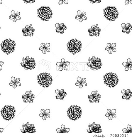 Seamless pattern with black and white hibiscus, plum flowers, peach flowers, sakura flowers 76689514